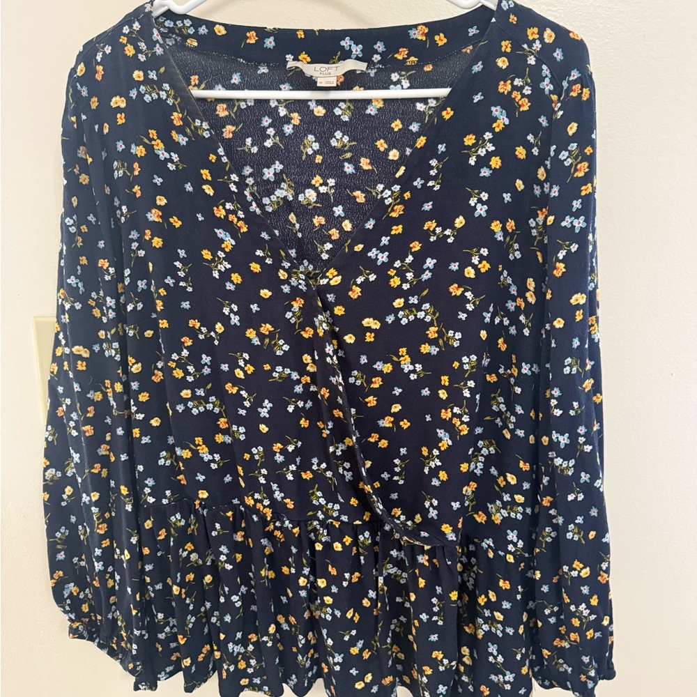 LOFT Navy Floral Wrap Peplum Top with Yellow & Light Blue Flowers
